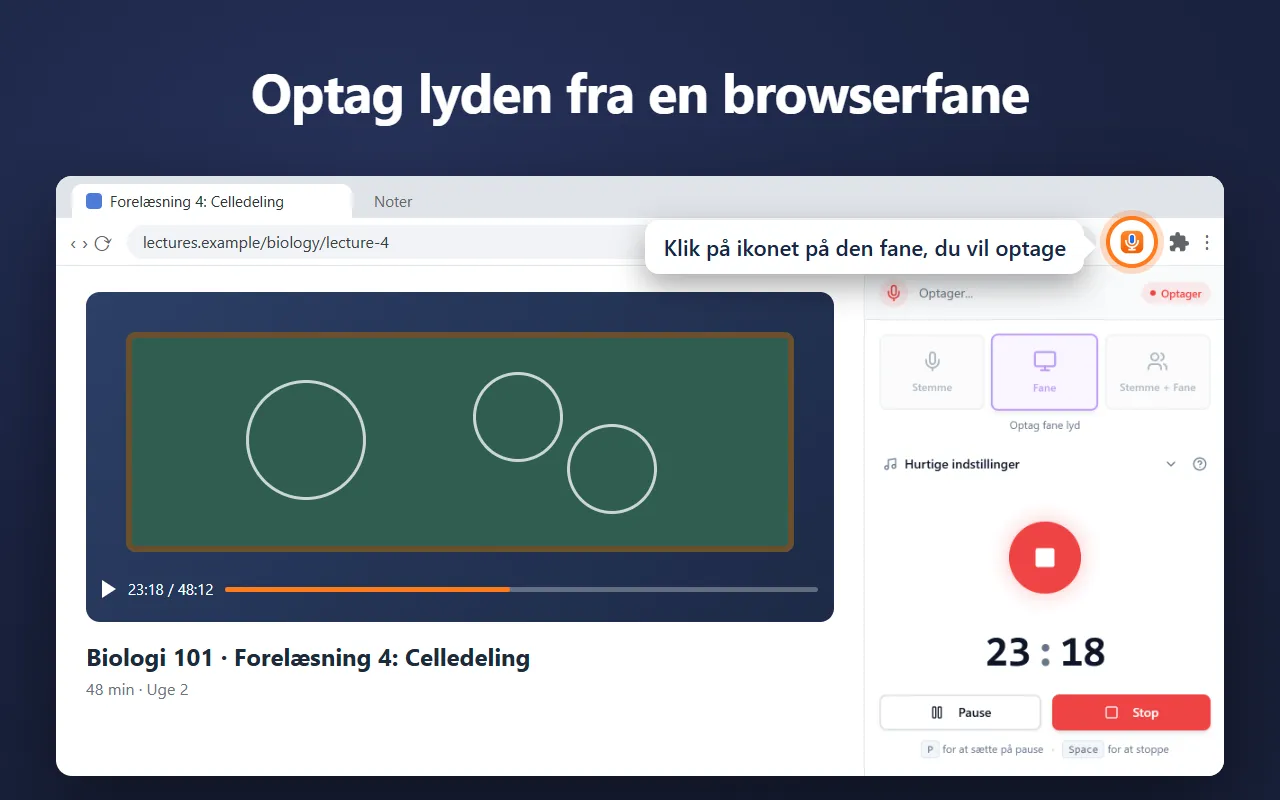 Voice Recorder i Chromes sidepanel, der optager lyden fra en forelæsning i en fane