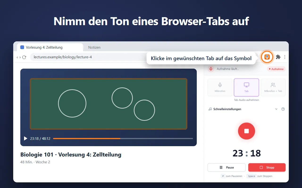 Voice Recorder im Seitenpanel von Chrome nimmt den Ton einer Vorlesung in einem Tab auf