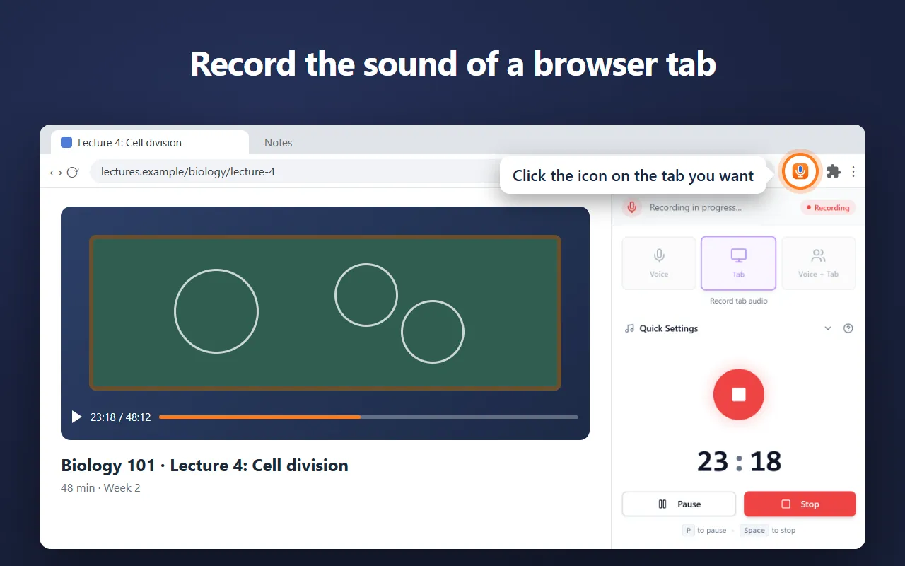 Voice Recorder w panelu bocznym Chrome nagrywa dźwięk wykładu z karty
