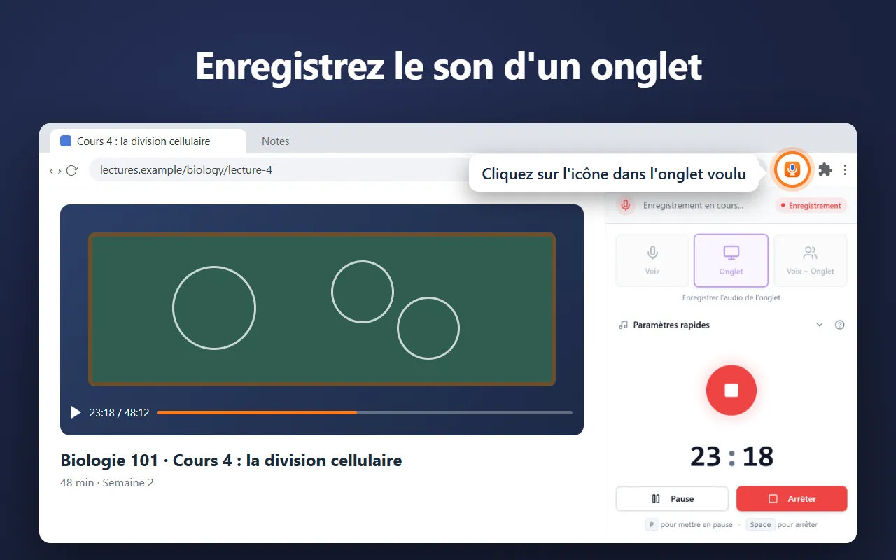 Voice Recorder dans le panneau latéral de Chrome, en train d’enregistrer le son d’un cours dans un onglet
