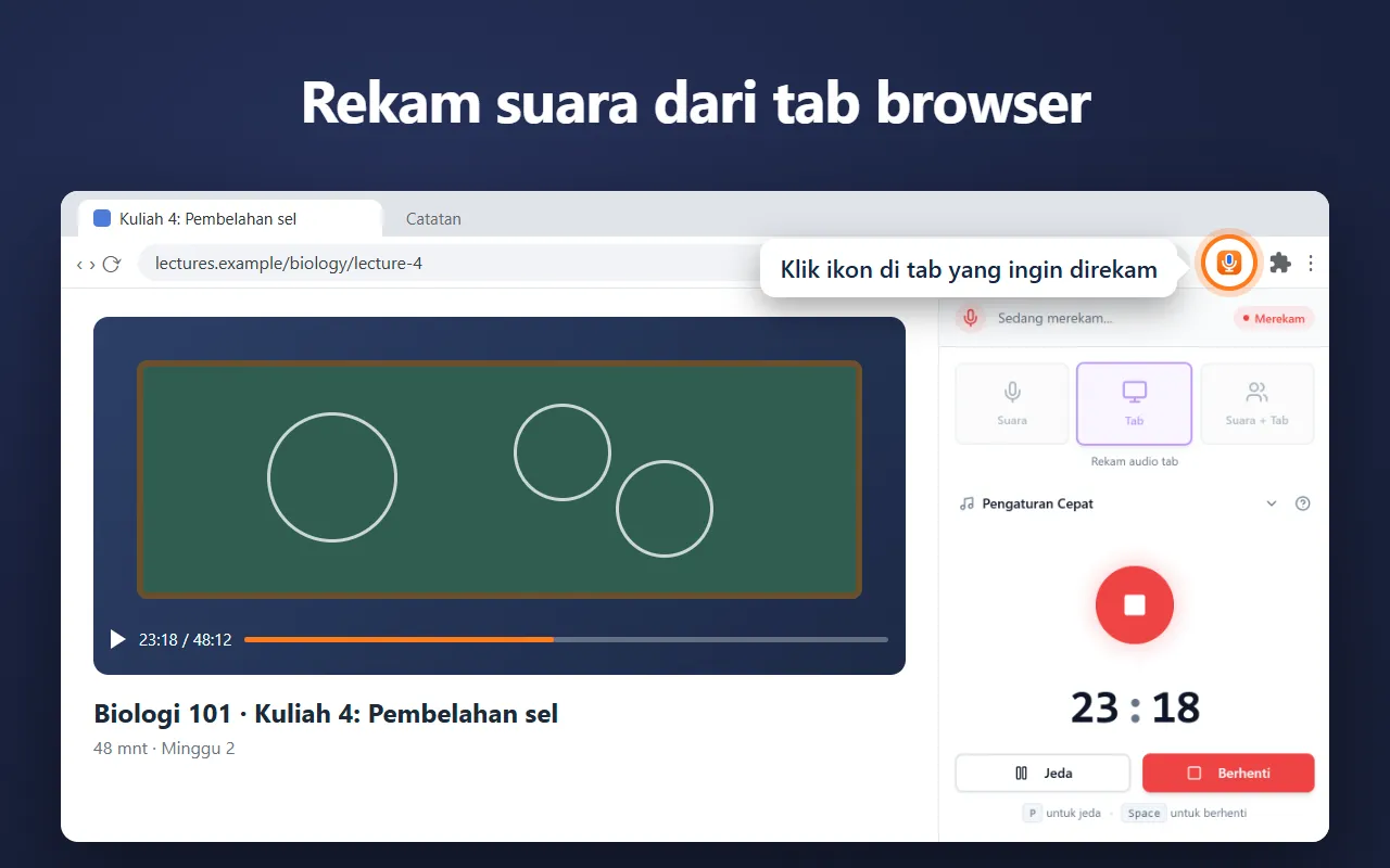 Voice Recorder di panel samping Chrome, merekam suara kuliah di sebuah tab