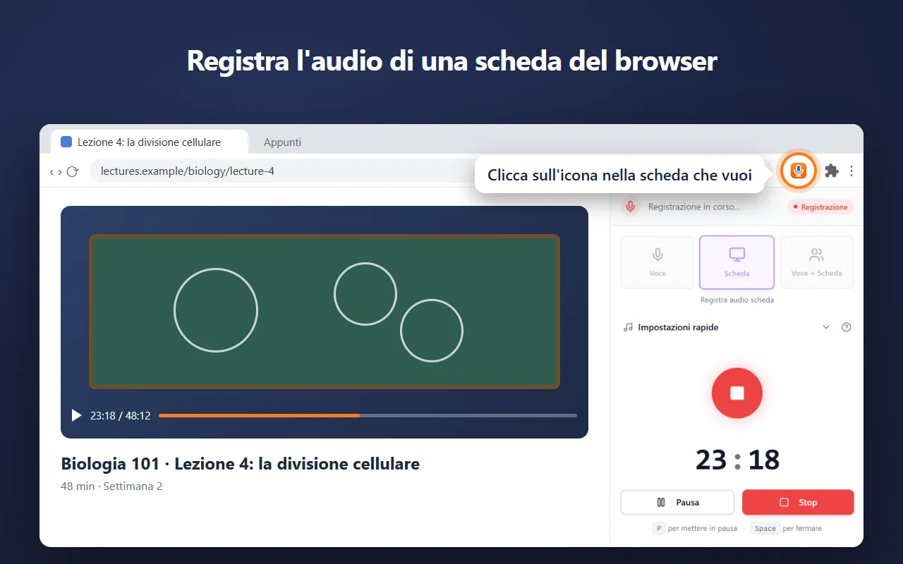 Voice Recorder nel pannello laterale di Chrome mentre registra l’audio di una lezione in una scheda