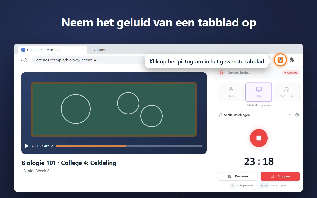 Voice Recorder in het zijpaneel van Chrome neemt het geluid van een college in een tabblad op