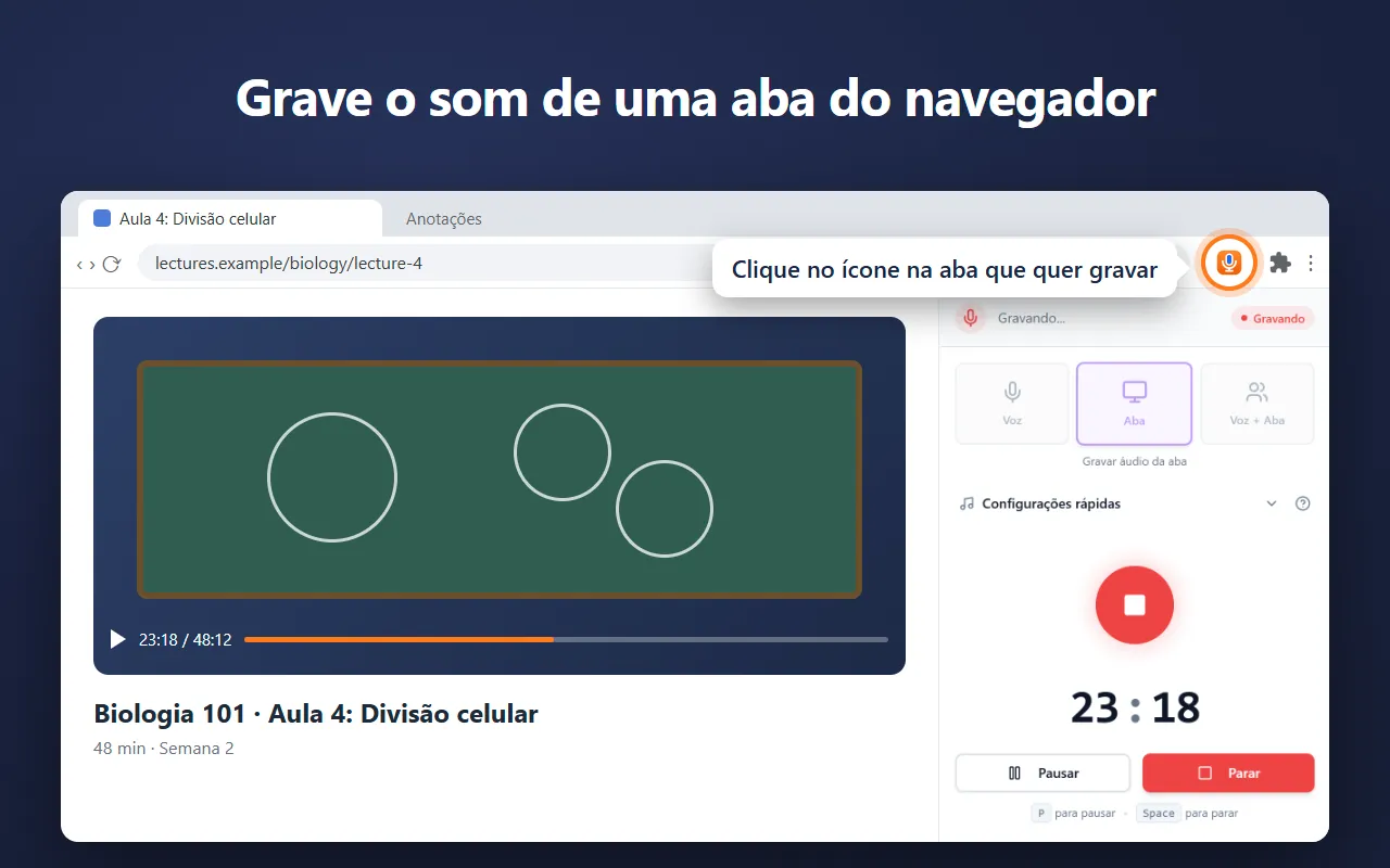 Voice Recorder no painel lateral do Chrome, gravando o som de uma aula em uma aba