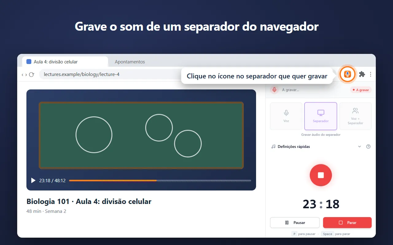 Voice Recorder no painel lateral do Chrome, a gravar o som de uma aula num separador