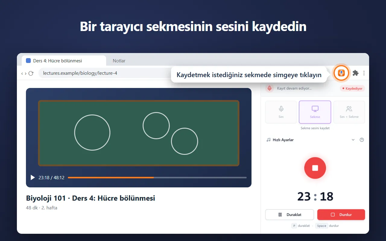 Chrome’un yan panelinde Voice Recorder, bir sekmedeki dersin sesini kaydediyor